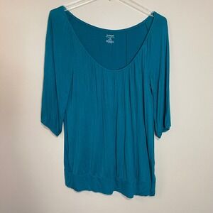 Lane Bryant Teal Blue Scoop Neck Blouson Top 3/4 Puff Sleeve 18/20 Stretchy